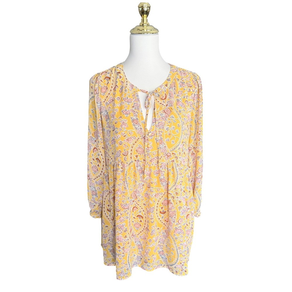 MELLODAY Yellow Paisley Floral Babydoll Tunic Dress Long Sleeve Tie Neck Size M